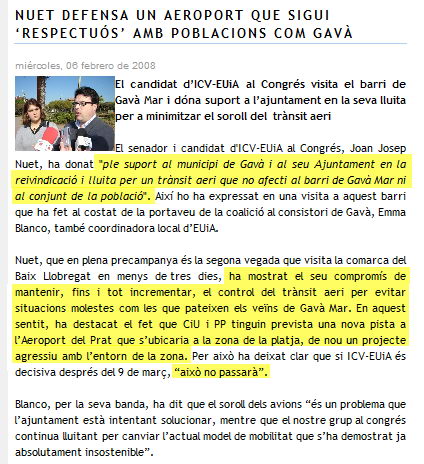 Notícia publicada a la web d'EUiA de Gavà sobre la visita del senador d'ICV-EUiA, Joan Josep Nuet, a Gavà Mar per defensar que l'aeroport del Prat sigui respectuós amb Gavà Mar (6 de Febrer de 2008)